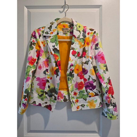 Patrick Christopher Jackets & Blazers - Women's sz S Patrick Christopher Floral Cotton Sateen Blazer White Yellow Pink